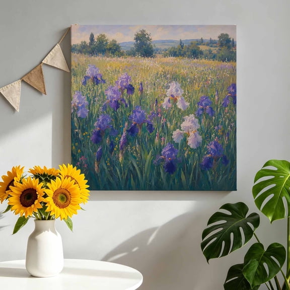 Purple Iris Field Canvas Wall Art for Living Room, Summer Pastoral Wildflower Meadow Tree Rustic Poster Print Painting for Bedroom Office Home Decoration Wall Pictures Prepare To Hang 10"x10"