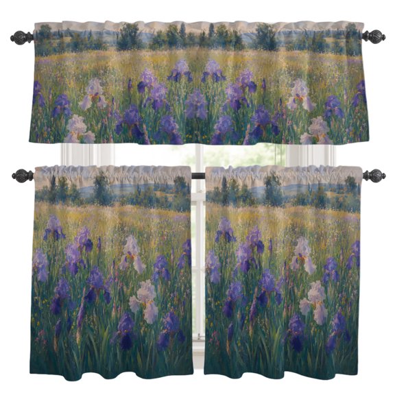Purple Iris Field Kitchen Curtains Valances 3 Piece Set, Summer Pastoral Wildflower Meadow Tree Rustic Rod Pocket Tier Curtain and Valance Drapes for Small Window 36 Inch Length for Bedroom Cafe