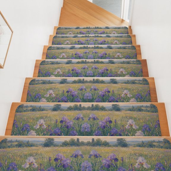 Purple Iris Field Stair Treads Non Slip for Steps Summer Pastoral Wildflower Meadow Tree Rustic 4 Pcs Reusable Adhesive Stair Runner Mats for Dogs Elders Carpet Treads Rugs for Staircase 8x30 In