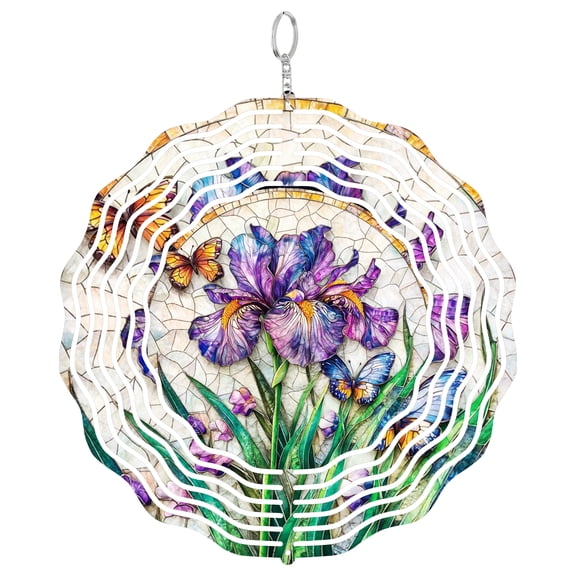 Purple Iris Floral 3D Wind Spinner Kinetic Stainless Steel Hanging Yard Decor
