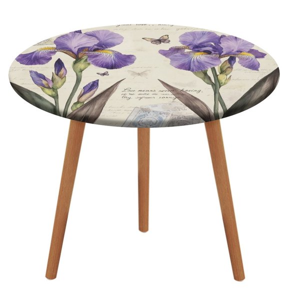 Purple Iris Floral Art Print Tablecloth Round Elastic Fitted Waterproof Table Cover Cloth for Dining Room Indoor Outdoor Decor