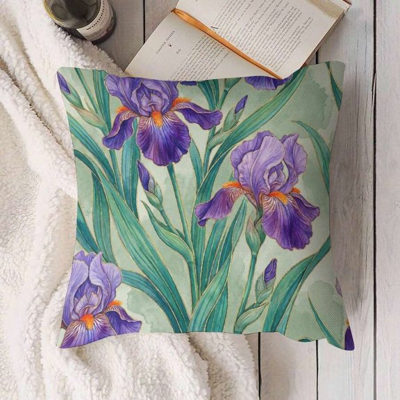 Purple Iris Floral Pattern Decorative Pillow Cover
