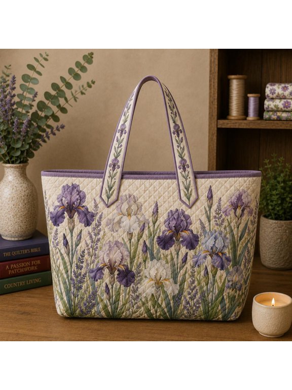 Purple Iris Floral Quilted Tote Bag, Cottagecore Wildflower Shoulder Bag, Elegant Botanical Market Tote, Garden Lover Gift Bag URD-O1W14