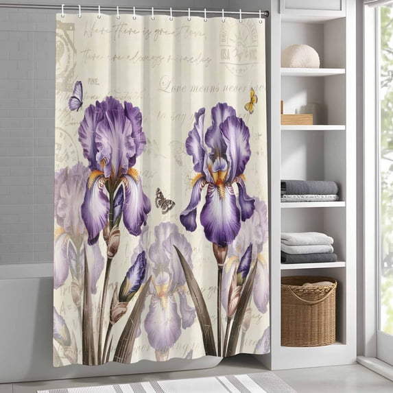 Purple Iris Floral Shower Curtain for Bathroom, Butterfly Elegant Blossoms Flowers Fabric Shower Curtain Set with Hooks, Waterproof Washable Bath Curtain for Bathroom Decor, 36"x72"