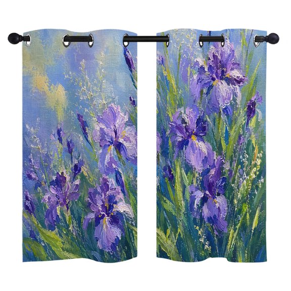 Purple Iris Flower Blackout Curtains 39 Inches Long, Green Meadow Grass Wild Blooms Oil Painting Style Thermal Insulated Room Darkening Drapes with Grommets for Living Room 27.5"W x 39"L, 2 Panels