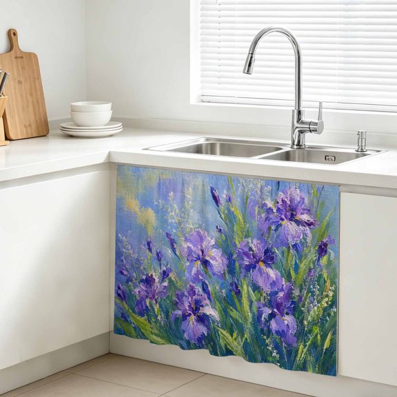 Purple Iris Flower Cabinet Curtain, Green Meadow Grass Wild Blooms Oil Painting Style Sink Skirt for Bathroom, Under Sink shelf Curtain Privacy Drape for Kitchen Laundry Room 10x11in