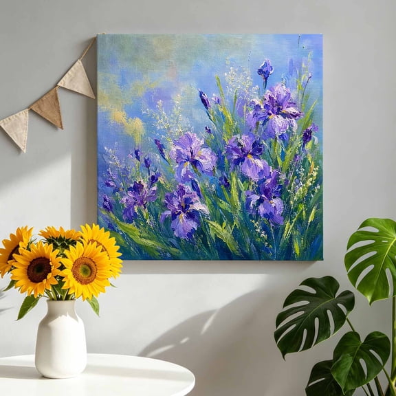 Purple Iris Flower Canvas Wall Art, Green Meadow Grass Wild Blooms Oil Painting Style Framed Canvas Wall Decor Picture Print Artwork Decorations for Living Room Office Ready to Hang 10" x 10"