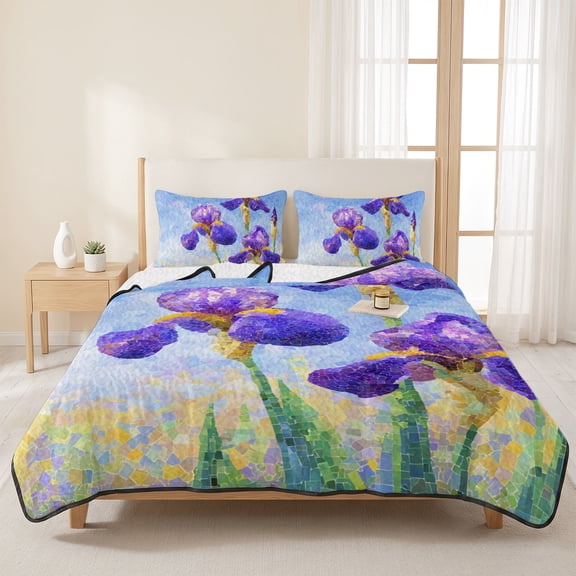 Purple Iris Flowers 3 Pieces Quilt Set,1 Quilt with 2 Shams,Impressionist Oil Brushstrokes Floral Bedspread Soft Lightweight Bedding Coverlet Comforter Set for All Season 96"x106"