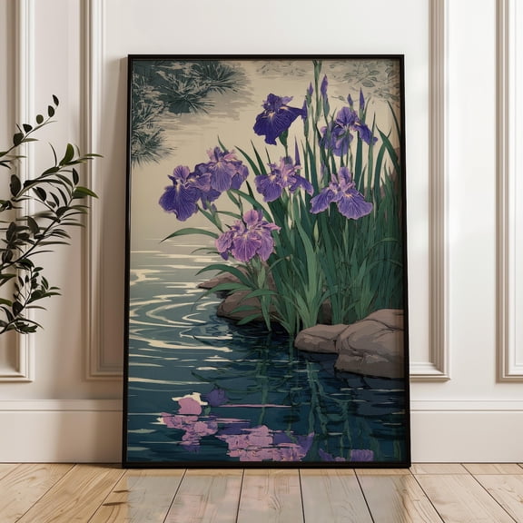 Purple Iris Flowers Japanese Woodblock Botanical Poster