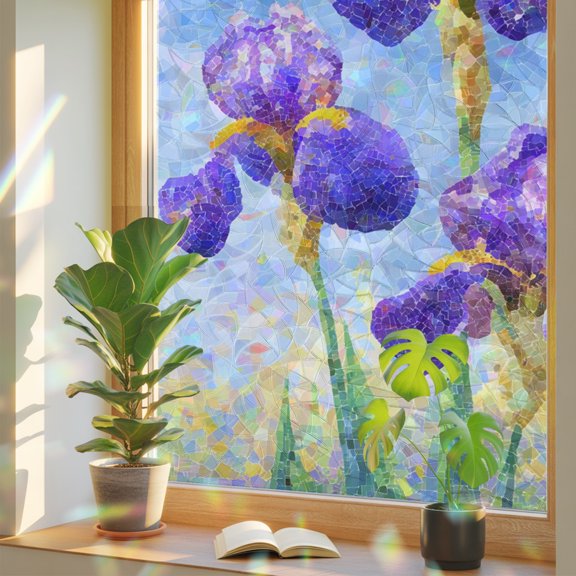 Purple Iris Flowers Window Privacy Film Rainbow Static Cling Stain Glass Window Film for Glass Door, Decorative Sunroof Decal Sticker for Car 17.7"x78.7" Abstract Pastoral Botanical Floral