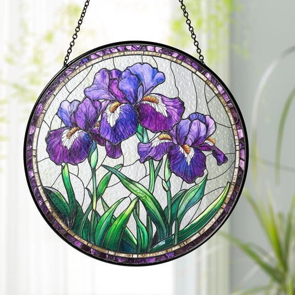 Purple Iris Glass Decor, Iris Flower Suncatcher Elegant Window Hanging, 3.5 in