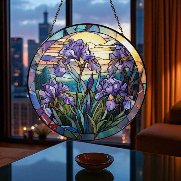 Purple Iris Glass Suncatcher, February Birth Flower Window Decor, 3.5 in