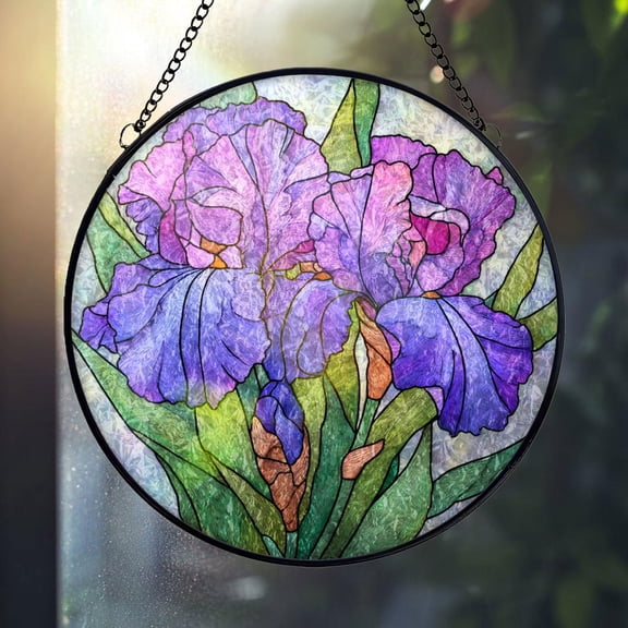 Purple Iris Glass Suncatcher, Floral Round Window Hanging Botanical Flower Decor Garden, 6.3 in