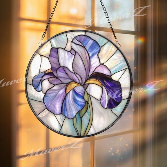 Purple Iris Glass Suncatcher, Floral Window Hanging, Spring Decor, 7.9 in