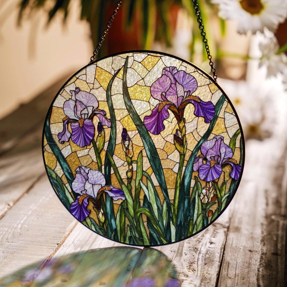 Purple Iris Glass Suncatcher, Tiffany Style Floral Window Hanging, 6.3 in