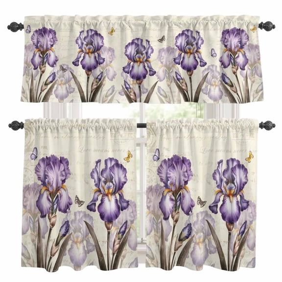 Purple Iris Kitchen Curtains Sets for Windows 36 Inch Length, Spring Vintage Butterfly Leaves Flowers Beige Rod Pocket Window Treatments Tier Curtains and Valances Set for Bedroom/Bathroom