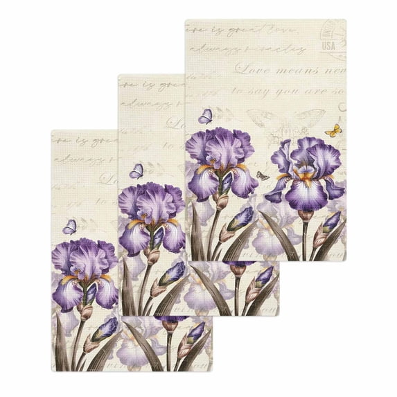 Purple Iris Kitchen Dish Towels for Drying Dishes Set of 3, Spring Vintage Butterfly Leaves Flowers Beige Waffle Weave Microfiber Hand Tea Bathroom Towels Quick Dry & Absorbent Towel 15.7x23.6