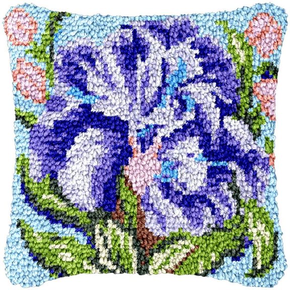 Purple Iris Latch Hook Kits Pillow DIY Rug Cushion Making Kits with preprinted Pattern Canvas Instruction Yarns and Latch Hooking Pillow Cover Easy to Start DIY Home Decor Kits 43x43cm