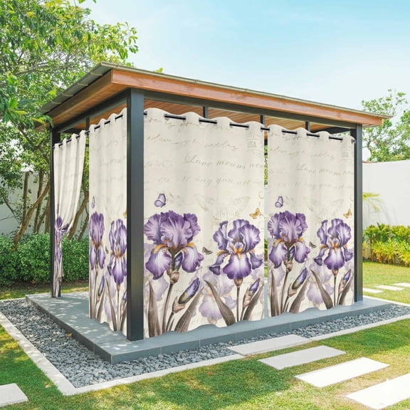 Purple Iris Outdoor Curtains for Patio Waterproof,Windproof Privacy Curtains with Weighted Bottom,Spring Vintage Butterfly Leaves Flowers Beige Outside Drapes for Picnic Garage Yard 54"x84" 1 Panel