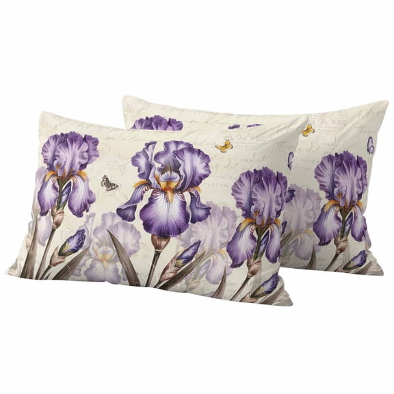 Purple Iris Outdoor Waterproof Pillow Covers, Spring Vintage Butterfly Leaves Flowers Beige Decorative Rectangle Throw Pillowcase Sofa Cushion Sham for Patio/Couch/Chair, 20"x12" 2 Pack