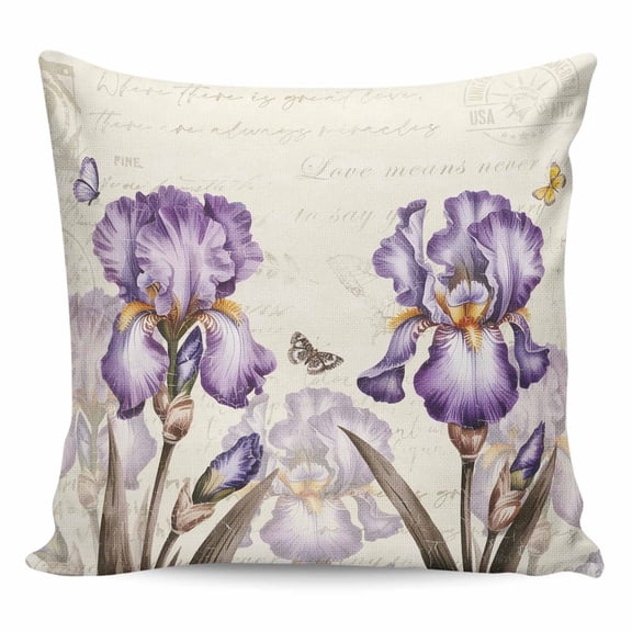 Purple Iris Pillow Covers 16x16 Inch Decorative Throw Pillow Cover, Spring Vintage Butterfly Leaves Flowers Beige Sofa Pillowcases Accent Cushion Case Home Decor Bedroom Living Room