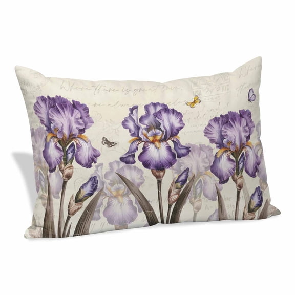 Purple Iris Pillow Covers, Linen Long Throw Pillow Case, Spring Vintage Butterfly Leaves Flowers Beige Holiday Pillow Protector Decorative Cushion Cover for Living Room/Bedroom 12" x 20"