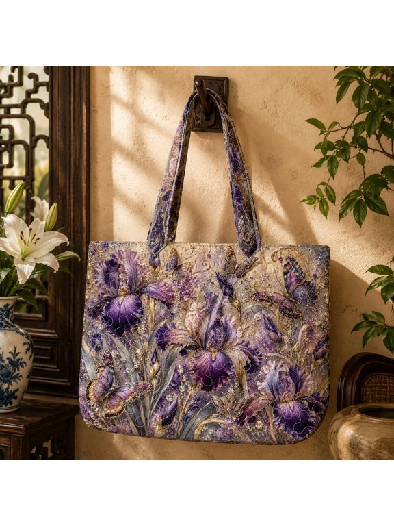 Purple Iris Quilted Tote Bag, Floral Butterfly Garden Tote Bag, Elegant Spring Flower Tote Bag, Custom Tote bag