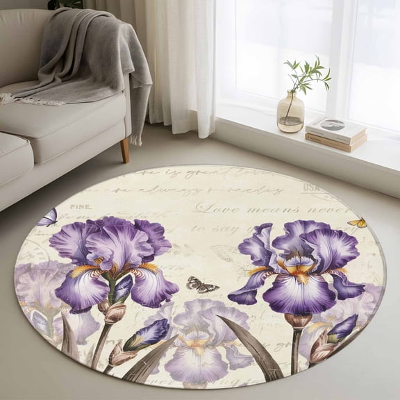 Purple Iris Round Area Rug 3.3 FT, Non Slip Small Entryway Kitchen Mat, Spring Vintage Butterfly Leaves Flowers Beige Washable Soft Circular Rug Non-Shedding Door Mat for Bathroom Playroom Kids Room