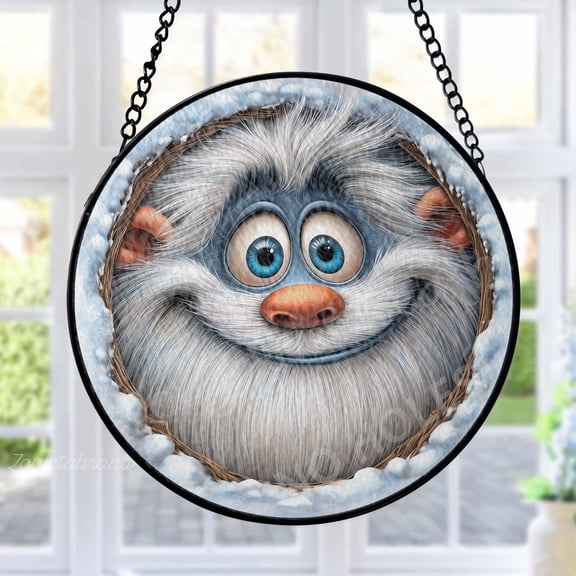 Yeti Stained Glass Suncatcher Metal Outdoor Decor Whimsical Cartoon Winter White Blue