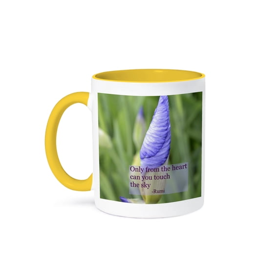 3dRose, Purple Iris Rumi Quote Floral- Flowers- Inspirational Photography, 11oz Two-Tone Yellow Mug