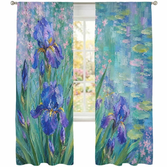 Purple Iris Sheer Curtains 84 Inches Long 2 Panels, Pond Surface Flower Green Leaf Periwinkle French Country Semi Sheer Rod Pocket Window Curtains Light Filtering Drapes for Living Room Bedroom
