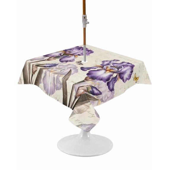 Purple Iris Square Outdoor Tablecloth, Waterproof Table Cloth Cover with Umbrella Hole and Zipper, Vintage Butterfly Flowers Beige Table Protector for Patio Party Picnic 54"x54"