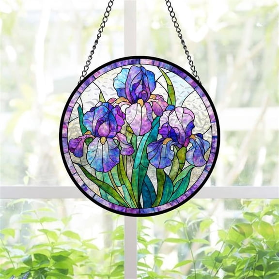 Purple Iris Stained Glass Suncatcher, Floral Window Hanging