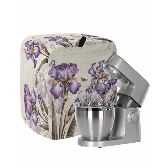 Purple Iris Stand Mixer Dust Cover with Storage Pocket & Handles, Vintage Butterfly Flowers Beige Fits All Tilt Head & Bowl Lift Kitchen Appliance Cover Organizer Bag Accessories, 6-8 Quart