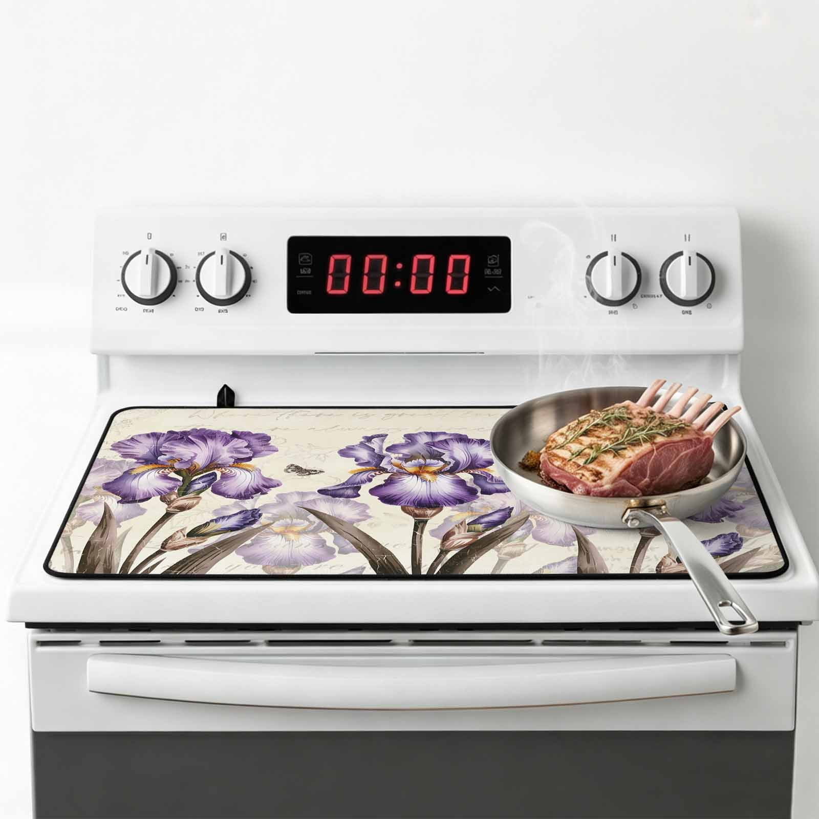 Purple Iris Stove Top Cover for Electric Stove, Heat-proof & Non Slip Glass Top Stove Cover Protector, Spring Vintage Butterfly Leaves Flowers Beige Kitchen Flat Cooktop Rubber Mat 31x24 Inches