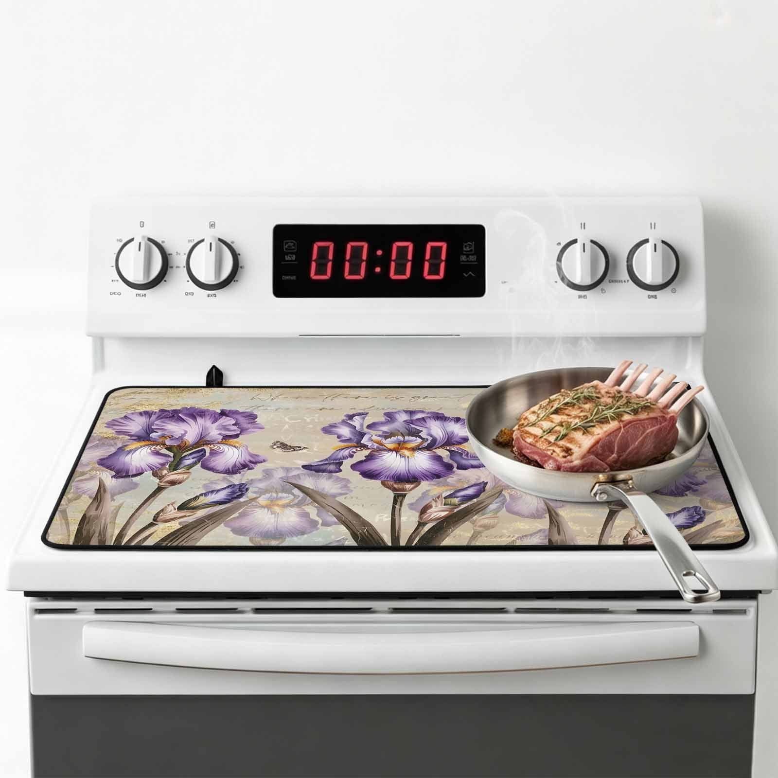 Purple Iris Stove Top Cover for Electric Stove, Heat-proof & Non Slip Glass Top Stove Cover Protector, Spring Vintage Flowers Butterfly Leaves Khaki Kitchen Flat Cooktop Rubber Mat 31x24 Inches