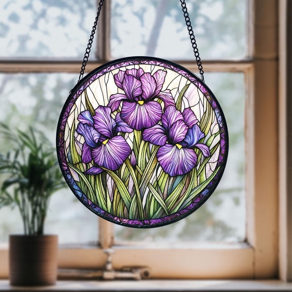 Purple Iris Suncatcher - Stained Glass,Purple Flower Design,February Birth Month Decor,Gift for Flower Lovers,Window Hanging Yard Garden Decor