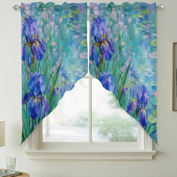Purple Iris Swag Kitchen Curtain Valances, Pond Surface Flower Green Leaf Periwinkle French Country Rod Pocket Curtains Window Treatment Decor Valances for Bedroom Bathroom, 2 Panels 28 x 36 Inch
