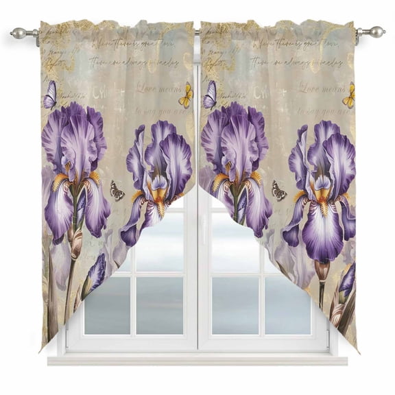 Purple Iris Swag Valances for Windows, Kitchen Window Curtains Over Sink, Spring Vintage Flowers Butterfly Leaves Khaki Window Treatment Curtains for Living Room/Bedroom Curtains 2 Panel Sets 36"x45"