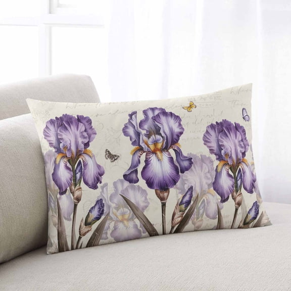 Purple Iris Throw Pillow Cover, Pillowcase Protectors with Zipper, Breathable Decorative Lumbar Pillow Case Cover, Spring Vintage Butterfly Leaves Flowers Beige Pillow Shams for Couch Sofa 12x20Inch