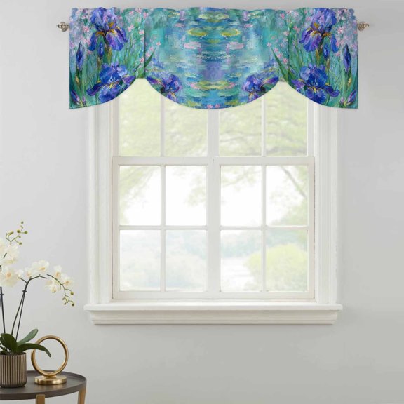 Purple Iris Tie Up Valances Curtain, Pond Surface Flower Green Leaf Periwinkle French Country Kitchen Valances for Windows Decor, Rod Pocket Short Curtains Set for Bedroom/Bathroom, 60"x18"