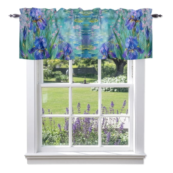 Purple Iris Valance Curtain 1 Panel, Pond Surface Flower Green Leaf Periwinkle French Country Kitchen Valance with Rod Pocket Window Treatment Short Curtains for Bathroom Bedroom, 54 x 18 Inches