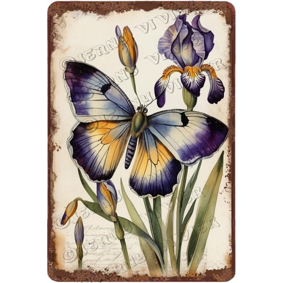 Purple Iris Vintage Flower Metal Tin Signs Vintage Rose Botanical Wall Decor Rustic Country Farmhouse Chic Bathroom Metal Signs Shabby Wall Decor 12x8 Inches