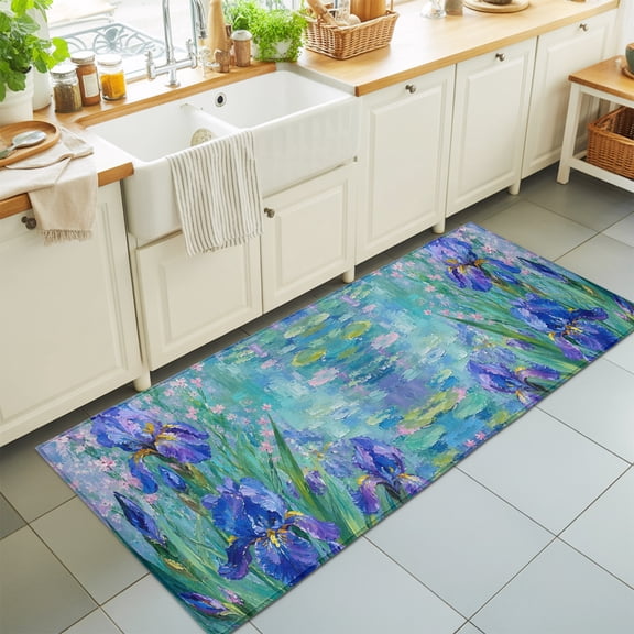 Purple Iris Washable Runner Rugs 2'x6', Pond Surface Flower Green Leaf Periwinkle French Country Washable Runner Rug Non-Slip Sturdy Edge Binding Carpet for Bedside Hallway Runner Kitchen Galley