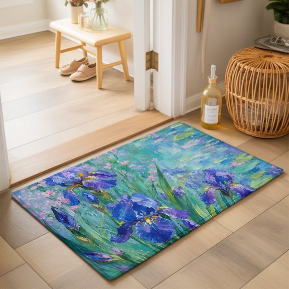 Purple Iris Washable Small Entryway Area Rugs 2'x3', Pond Surface Flower Green Leaf Periwinkle French Country Washable Throw Rug Non-Slip Sturdy Edge Binding Carpet for Front Door Floor Room Entry