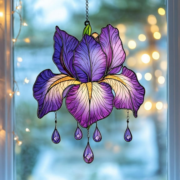 Purple Iris Wavy Acrylic Suncatcher, Faux Wavy Acrylic February Birth Flower Window Hanging Ornament, Nature-Inspired Flower Birthday Gift