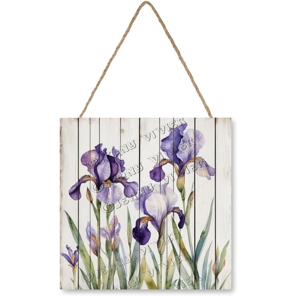 Purple Iris Wooden Sign Purple Iris Hanging Wood Plaques Floral Art Vintage Botanical Art Flower Wall Decor Shabby Chic Wall Decor French Decor 12x12 Inch