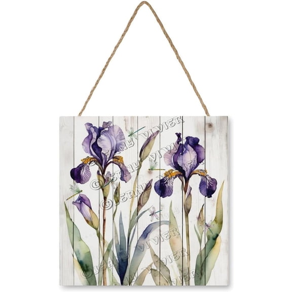 Purple Iris Wooden Sign Purple Iris Hanging Wood Plaques Floral Hanging Sign Vintage Botanical Art Flower Wall Decor Shabby Chic Wall Decor French Decor 12x12 Inch