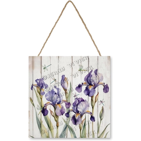 Purple Iris Wooden Sign Purple Iris Hanging Wood Plaques Vintage Botanical Art Flower Wall Decor Rustic Farmhouse Decor French Decor 12x12 Inch