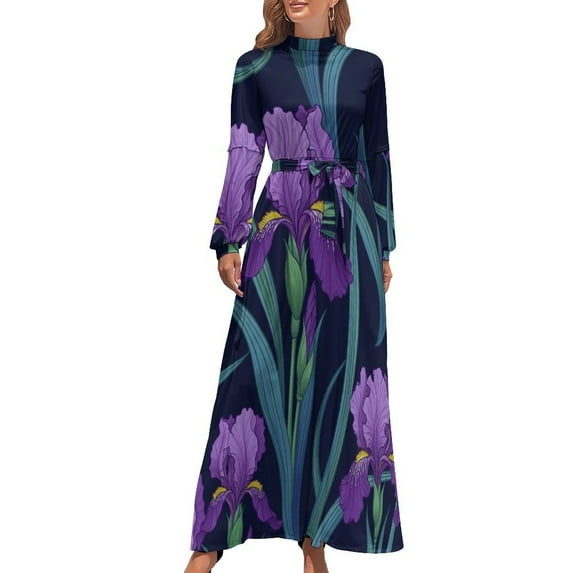 Purple Irises Floral Pattern Women's Long Dress Long Sleeves Dress Vintage Dresses Party Maxi Dress High Waist Dress